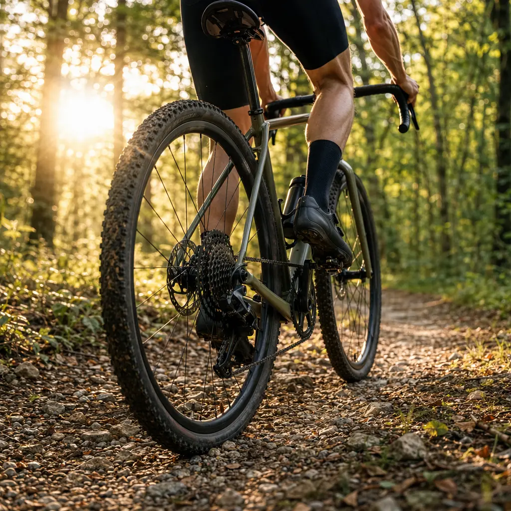 Close-up of a gravel bike rolling through woodland in warm morning light