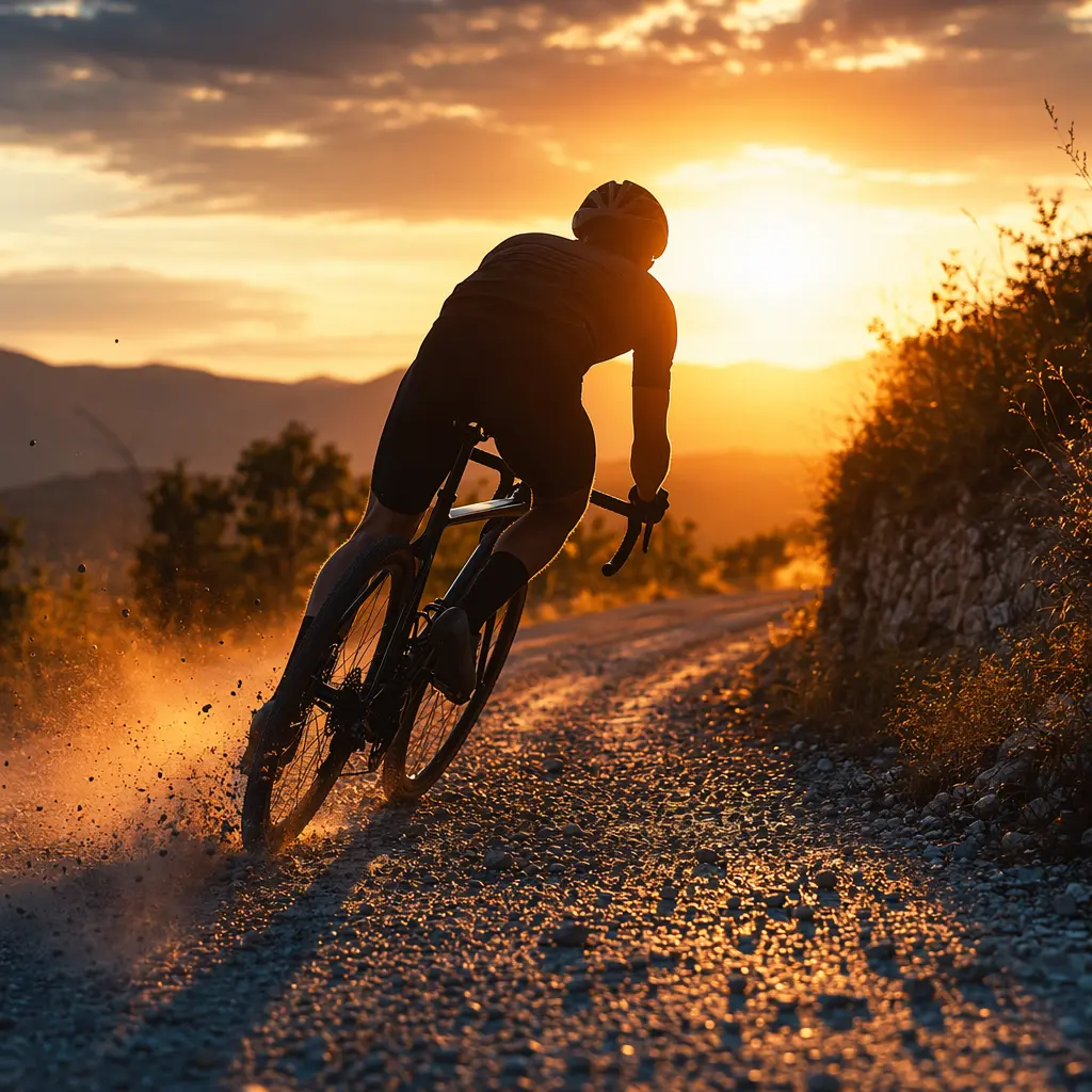 A rider on a lightweight gravel bike silhouetted at golden hour on a fast gravel lane