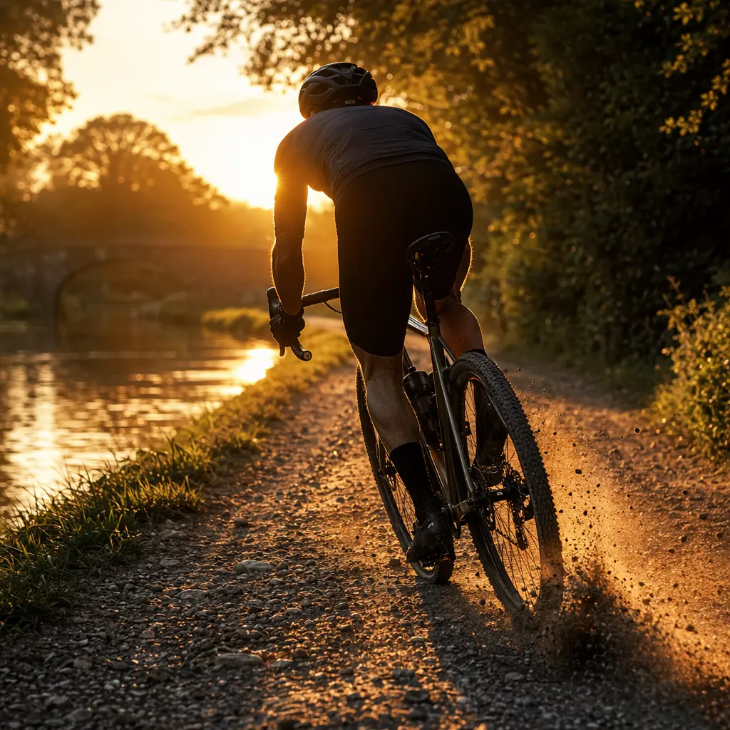 A gravel bike ridden along a canal towpath at golden hour, shown from behind in silhouette