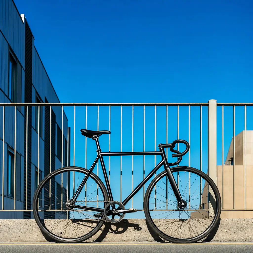 A track-style single-speed bike resting against railings on a sunny city street.