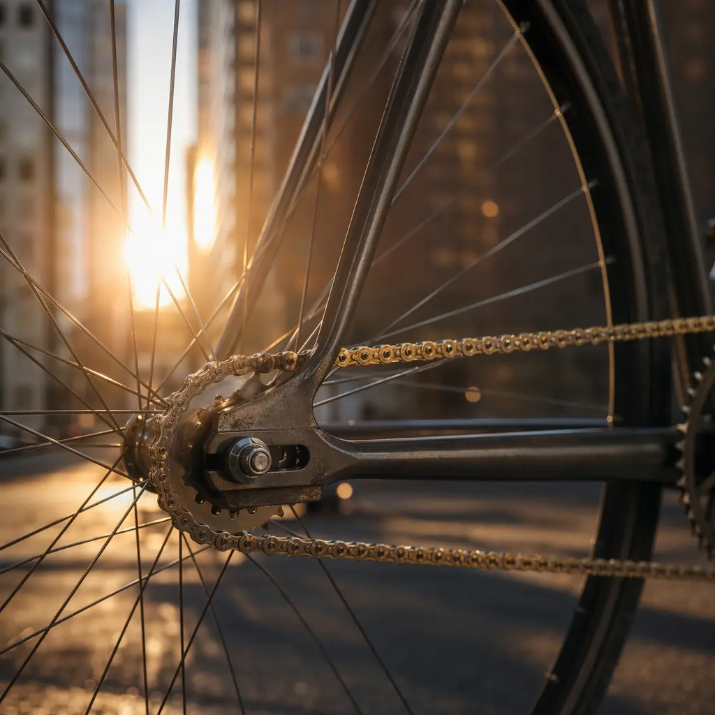 Close-up of a single-speed bike’s rear wheel and horizontal dropout in warm morning light.