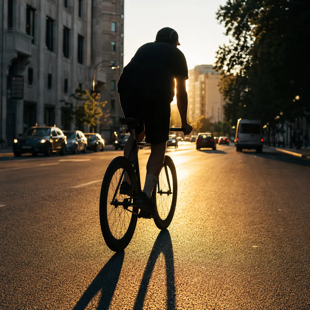 A minimalist fixed-gear bike being ridden through a city street at golden hour, silhouetted from behind.