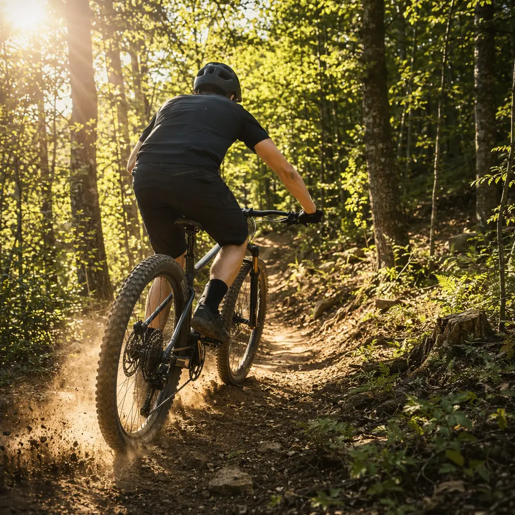 A hardtail mountain bike being ridden along a sunlit woodland trail in warm morning light