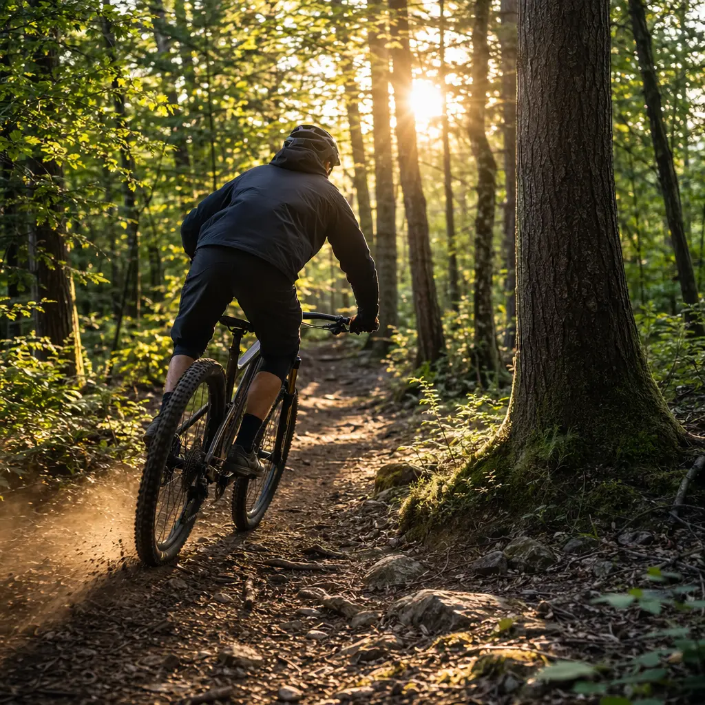 A hardtail mountain bike being ridden along a sunlit woodland trail in the UK