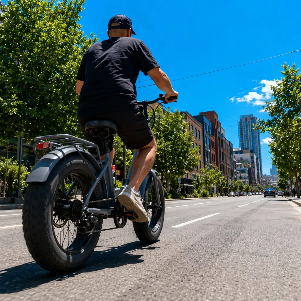 A relaxed‑fit city bike with wide tyres cruising along a sunny urban street