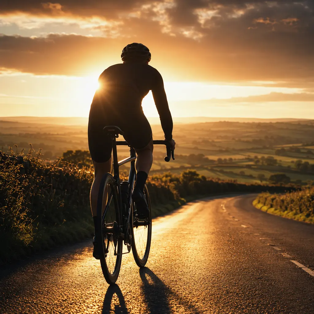 Silhouette of an endurance road bike rider at golden hour on a UK country lane