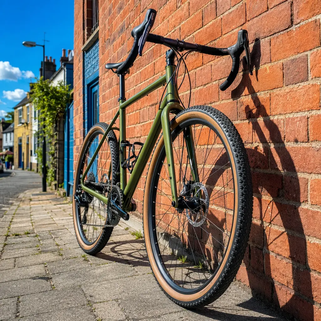 A steel all-roads bike photographed in bright summer light, highlighting wide tyres and disc brakes.