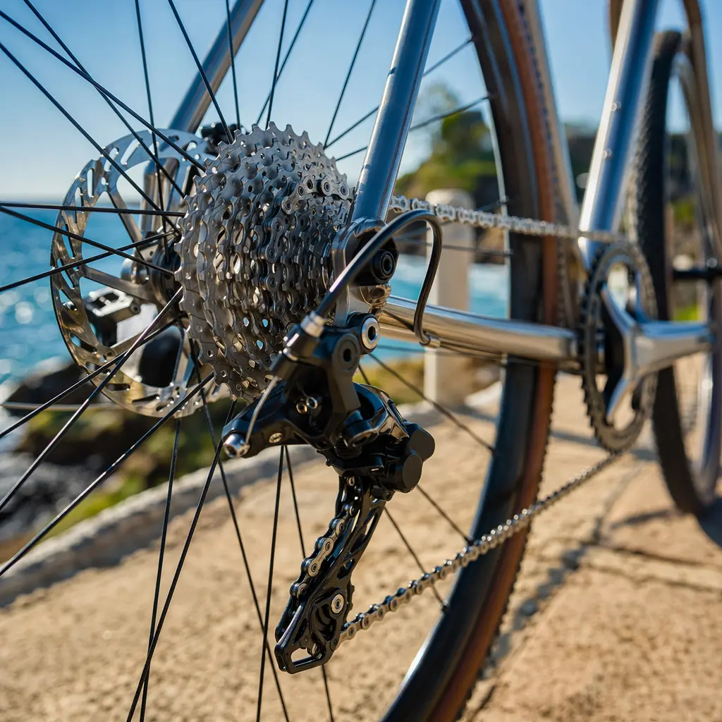 Detail shot of a gravel bike’s drivetrain and disc brake in bright coastal daylight.