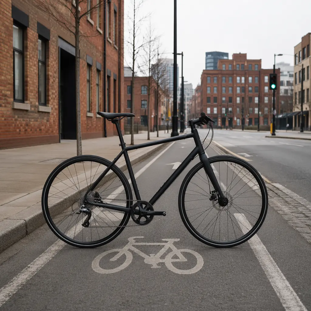 A sleek flat-bar hybrid bicycle parked on a UK city cycle lane