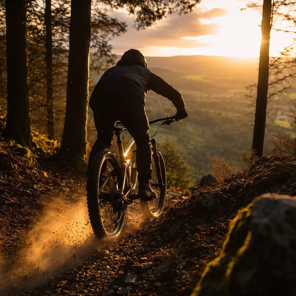 A trail rider silhouetted at golden hour on a woodland descent, representing a modern Stumpjumper-style mountain bike.