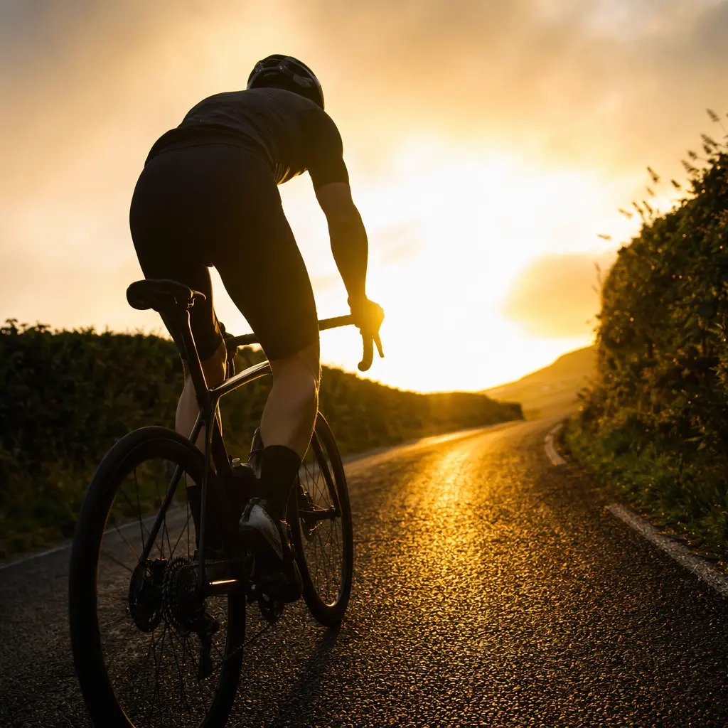 Silhouette of a rider climbing on a lightweight carbon race bike at golden hour
