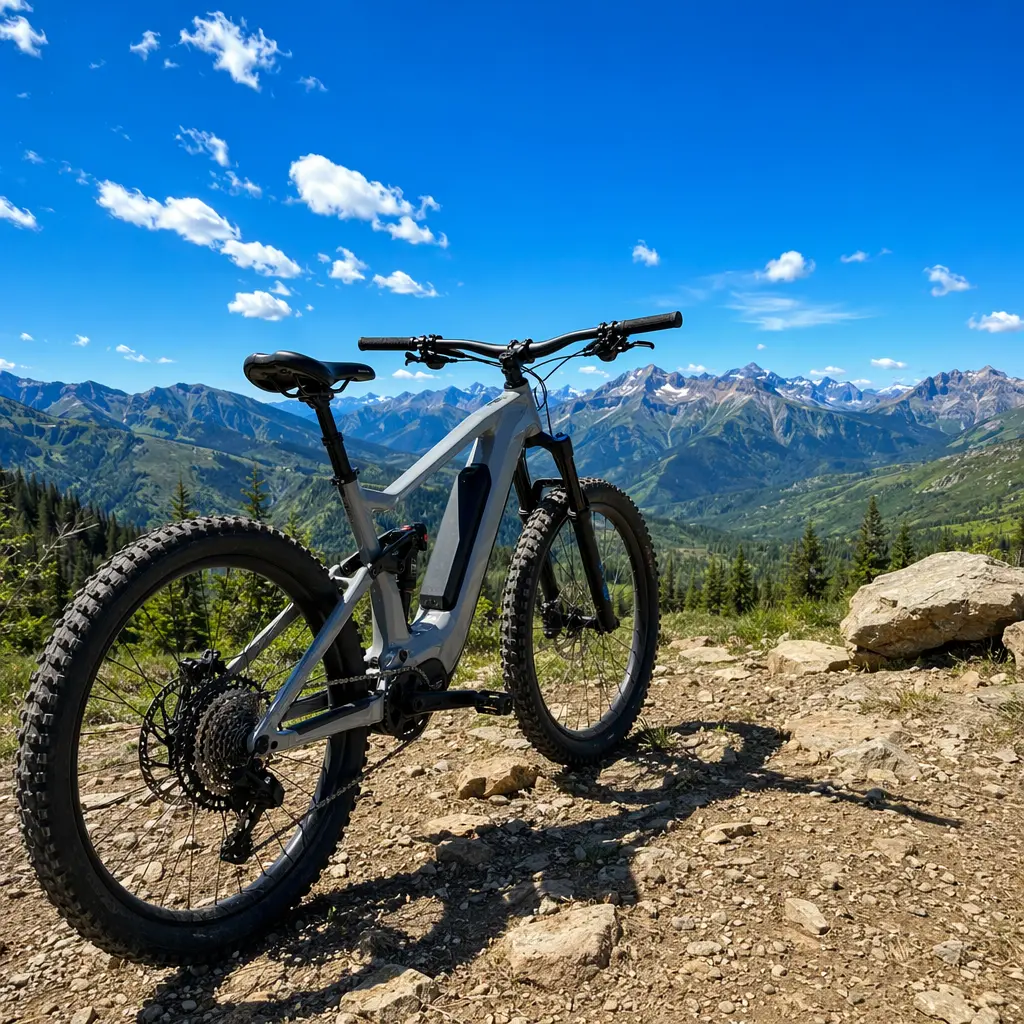 Modern electric mountain bike at a trail centre under a bright blue sky