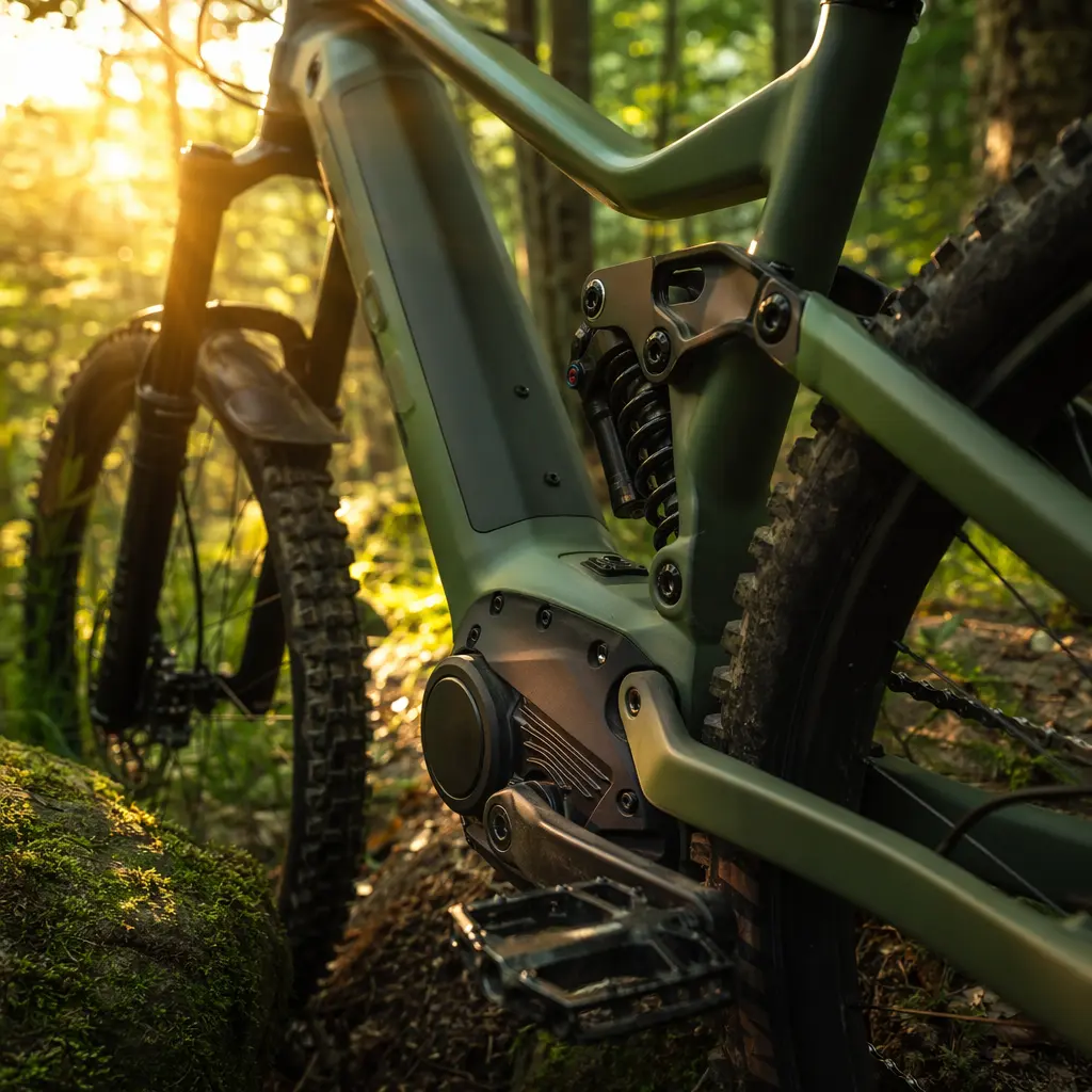 Close-up of electric mountain bike motor and suspension in warm woodland light