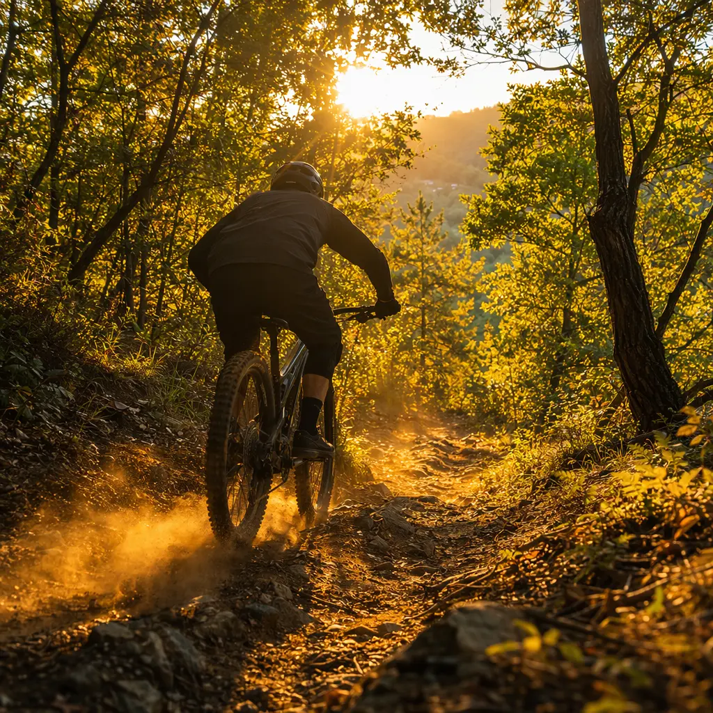 Electric mountain bike ridden through woodland at golden hour, rider silhouetted from behind