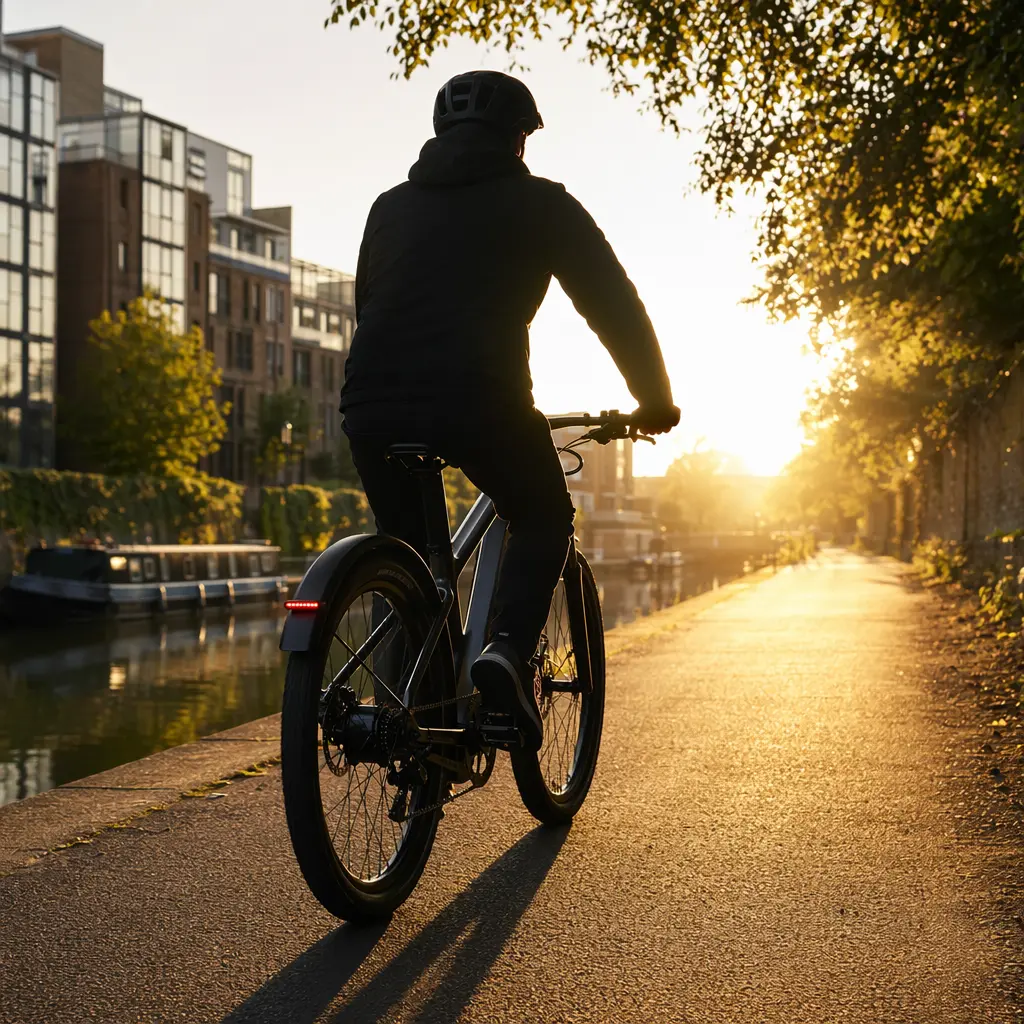A sleek urban electric bike ridden along a canal at golden hour, showing clean integrated lines and a relaxed commuting stance.