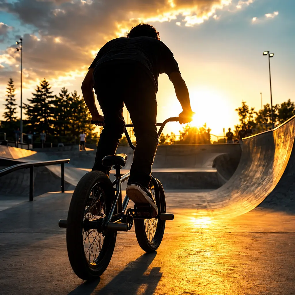 Silhouetted rider on an entry-level BMX bike entering a sunlit skatepark at golden hour