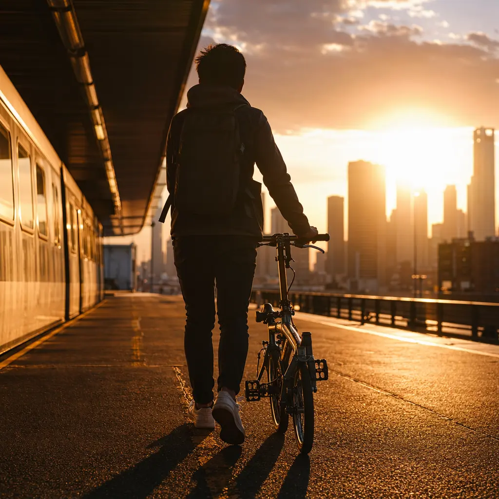A compact folding bike being rolled along a bright, sunlit station platform, emphasising its small packed size