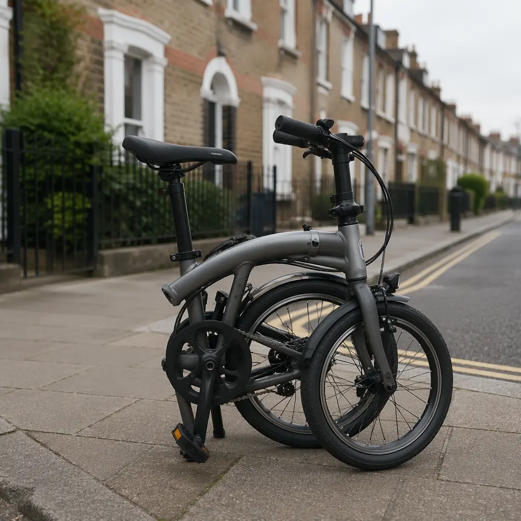 A modern folding bike partially folded on a quiet UK residential street