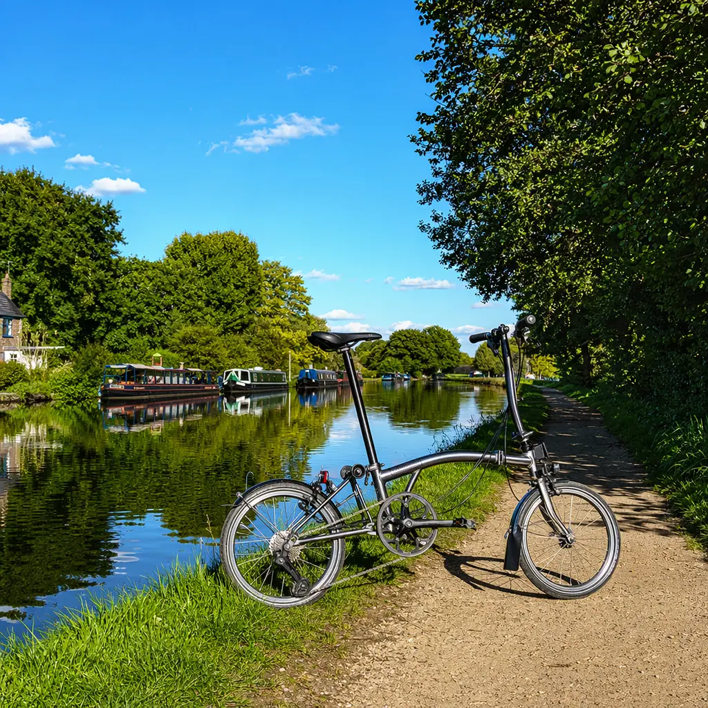 A folding bike with 20-inch wheels beside a sunlit canal towpath