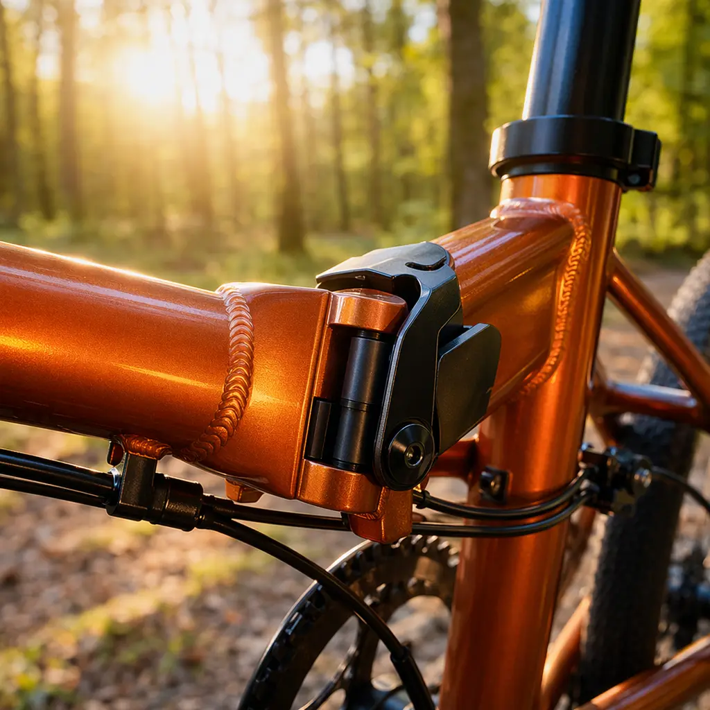Detail of a folding bike’s hinge in warm morning sunlight