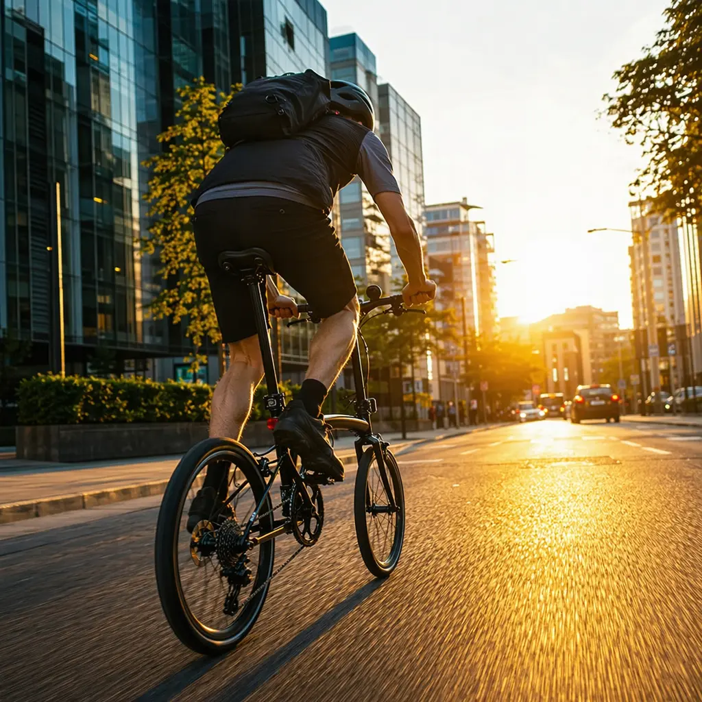 A fast-looking folding bike being ridden through a bright city street at golden hour