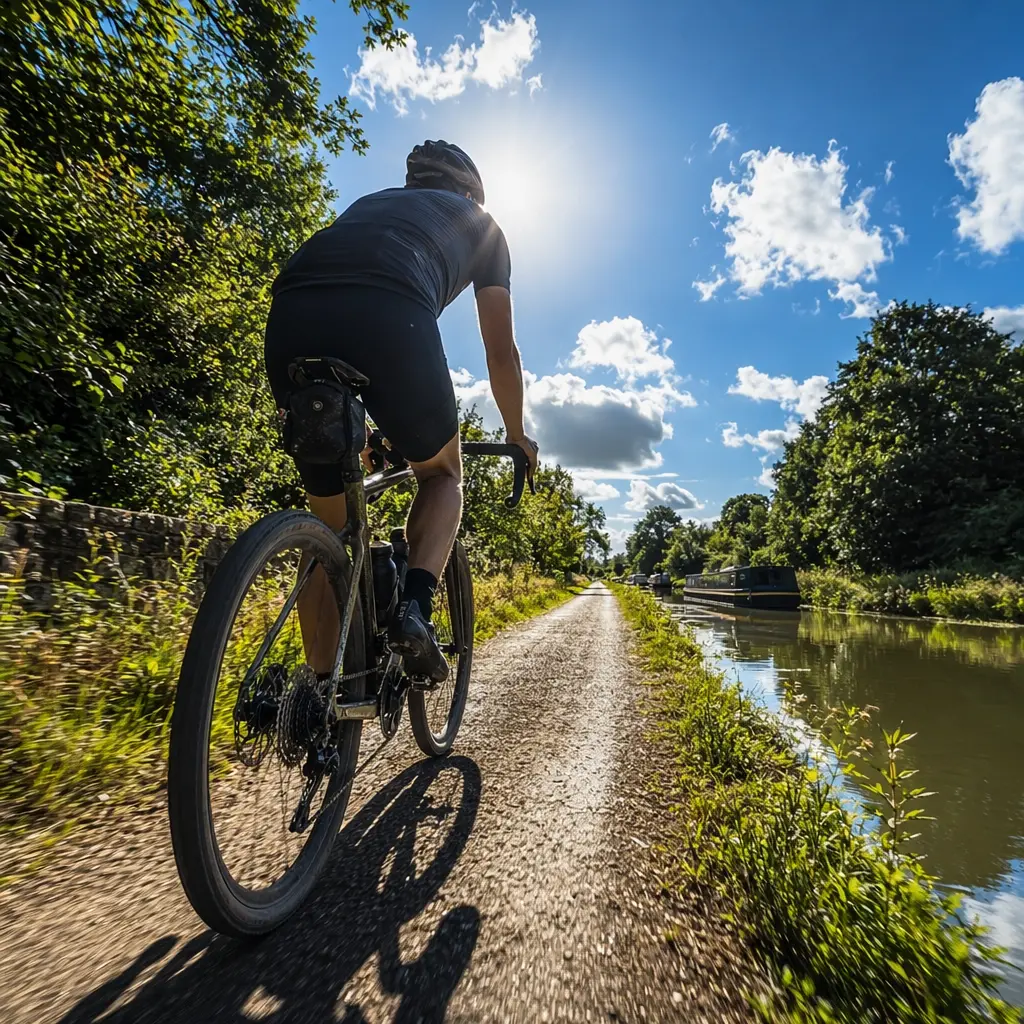 A gravel bike ridden fast along a sunny canal towpath, silhouetted rider from behind