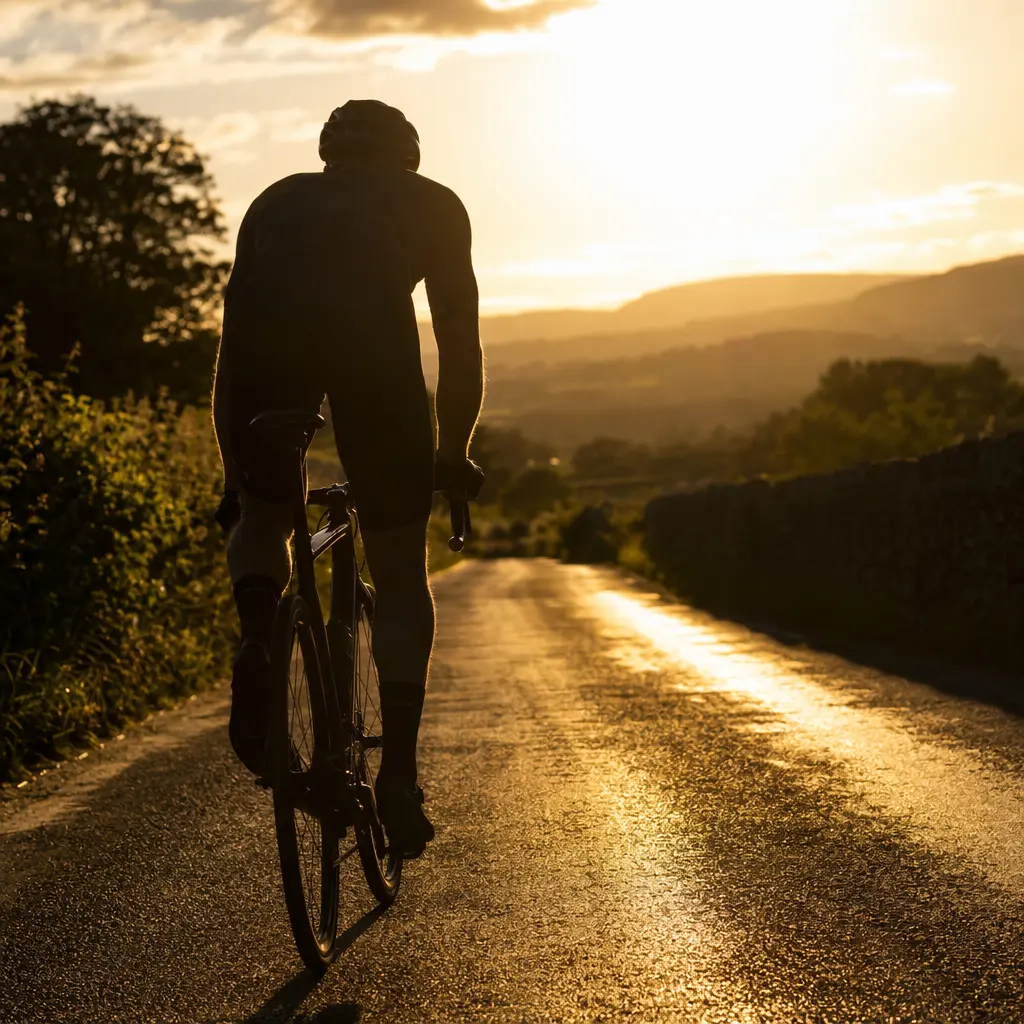 Endurance road bike silhouette riding along a golden-hour country lane