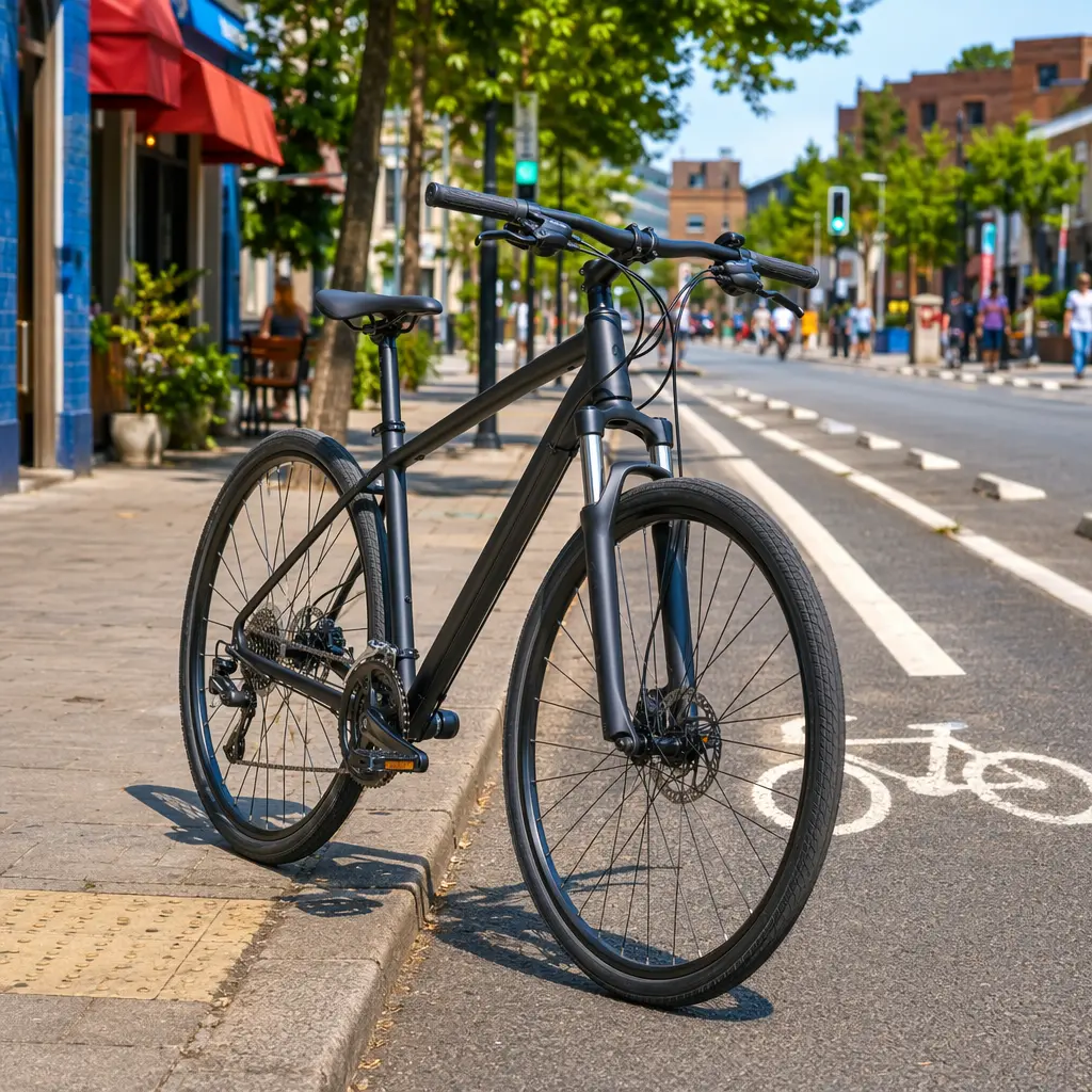 Hybrid bike with front suspension on a bright city street
