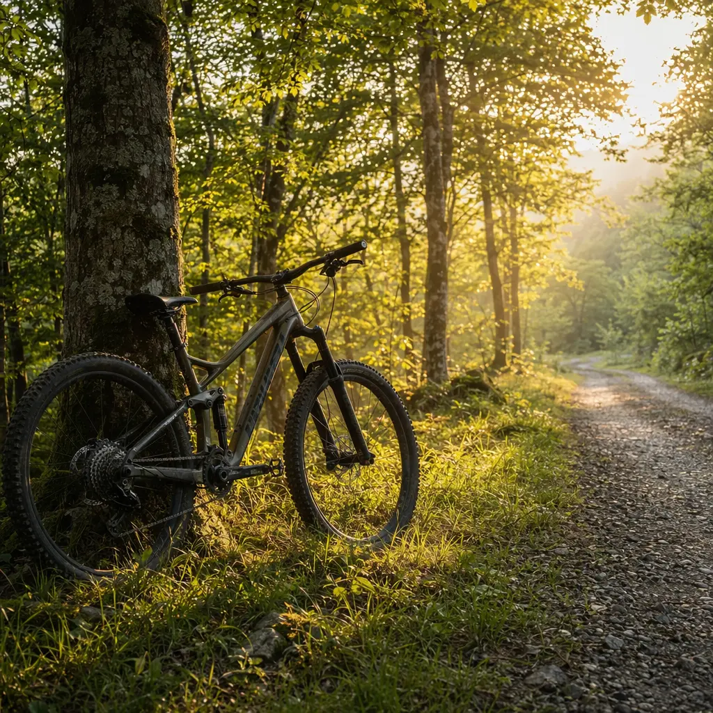Hybrid bike with front suspension beside a woodland gravel path