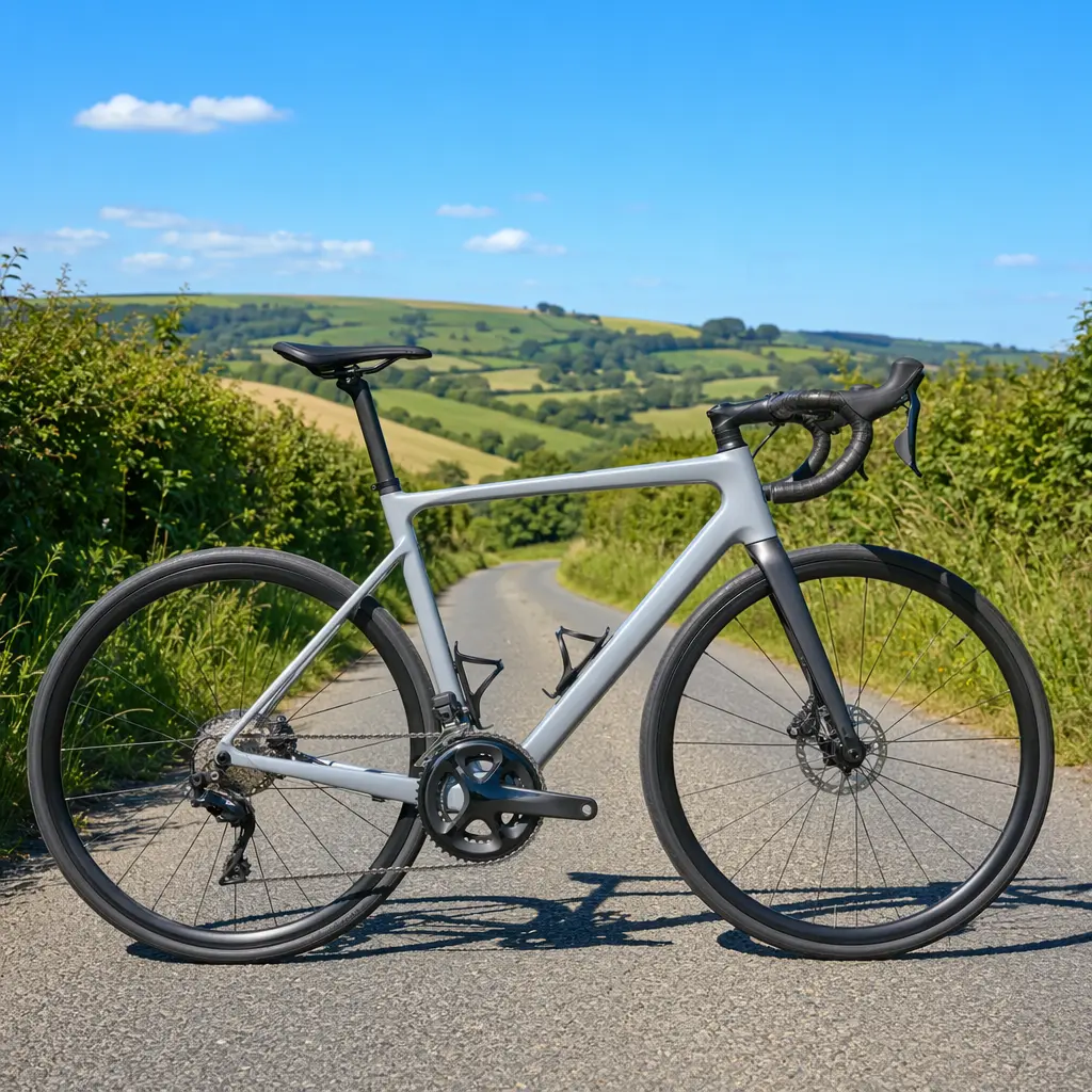 Lightweight road bike photographed side-on on a sunny UK country lane