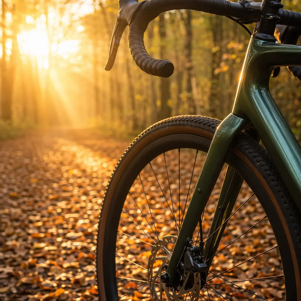 Close-up of a road bike’s disc brake and front wheel in warm morning sunlight