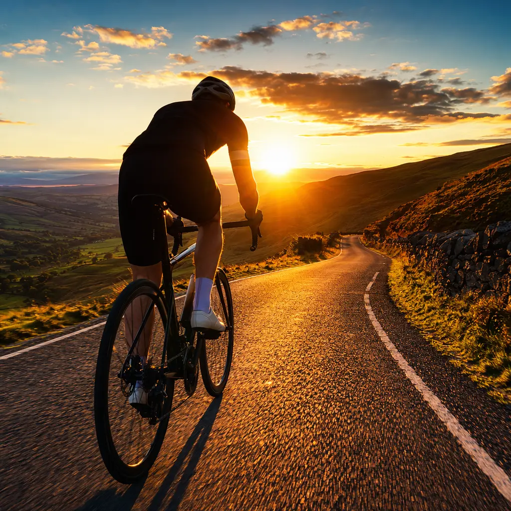 Silhouetted rider climbing a sunny hill on a lightweight road bike at golden hour
