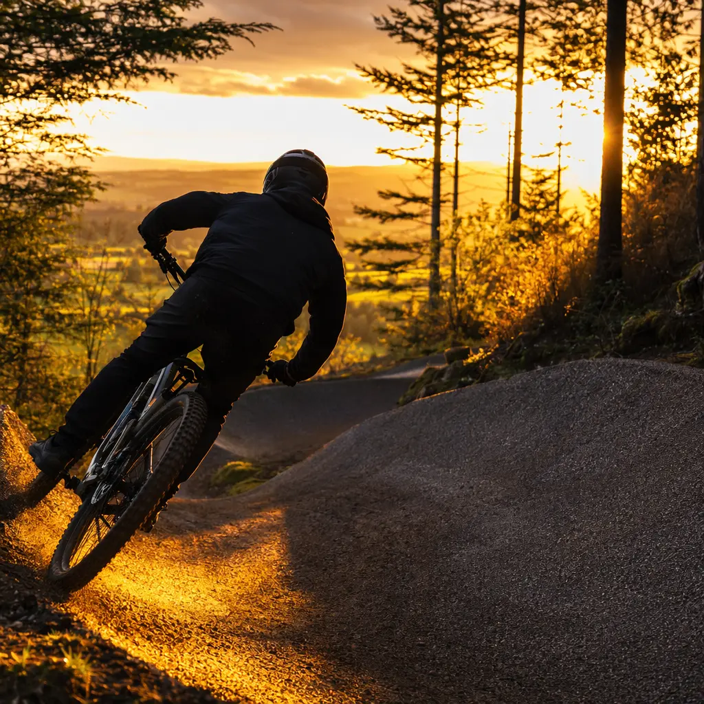 A modern full‑suspension trail bike cornering at a UK trail centre in warm golden‑hour light