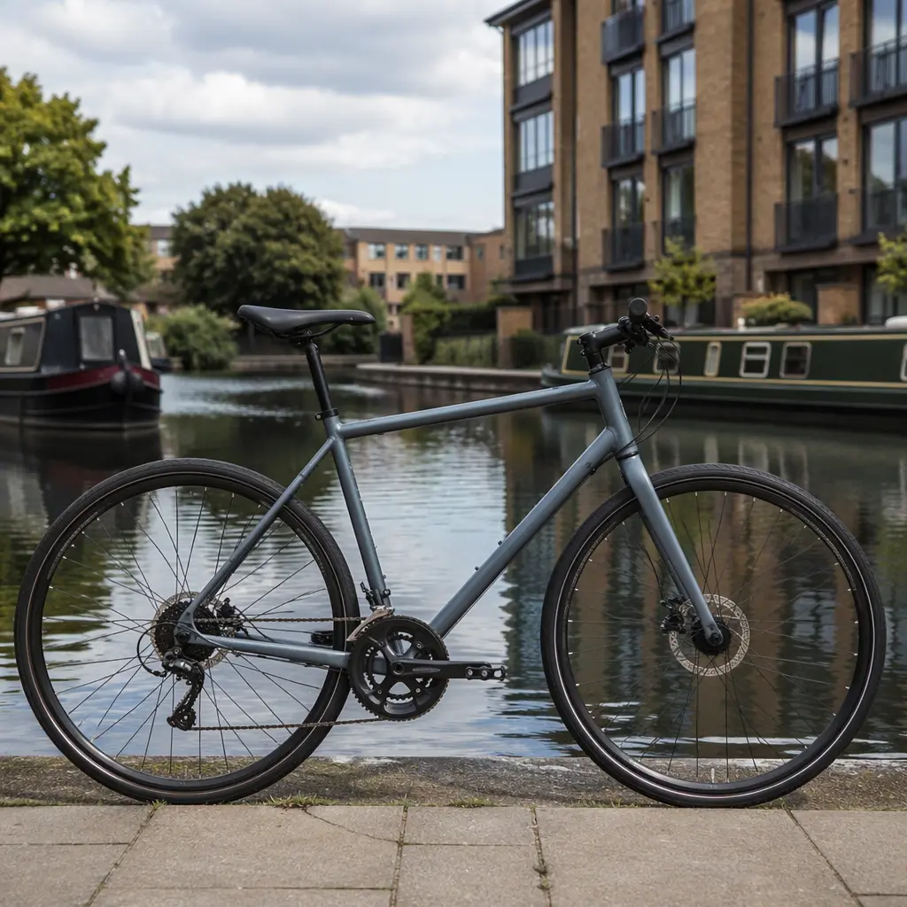 A flat‑bar hybrid bike resting beside a UK canal towpath