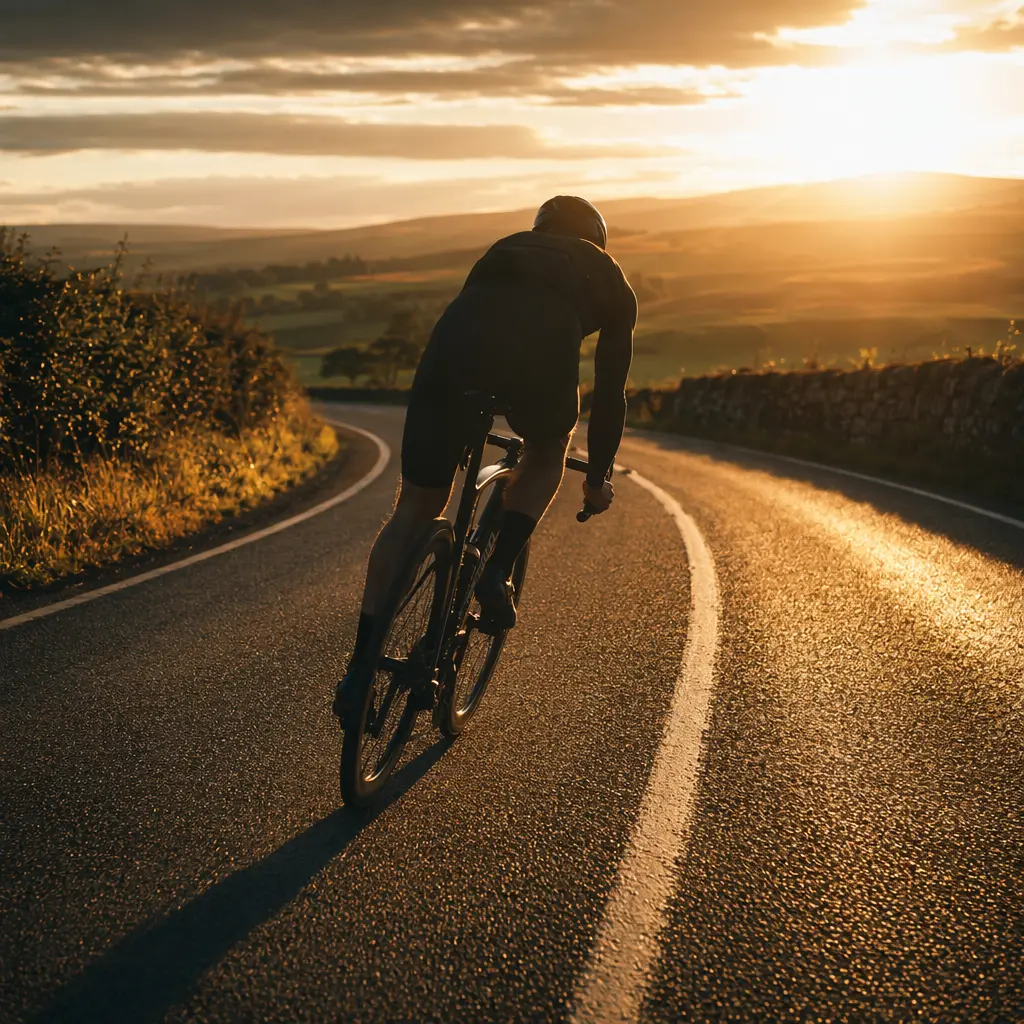 A rider silhouette on an aero road bike at golden hour, highlighting deep tube shapes and speed.