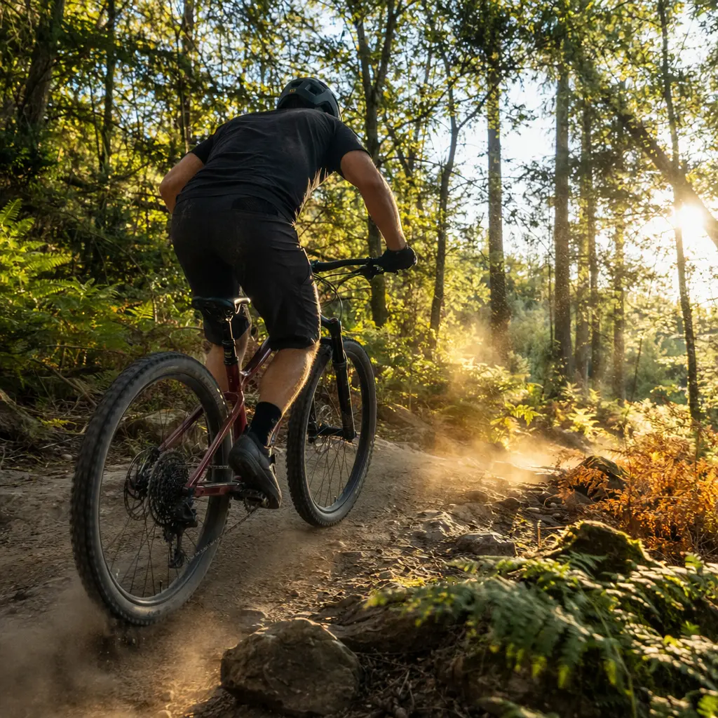 A hardtail mountain bike riding a sunlit woodland trail in warm morning light
