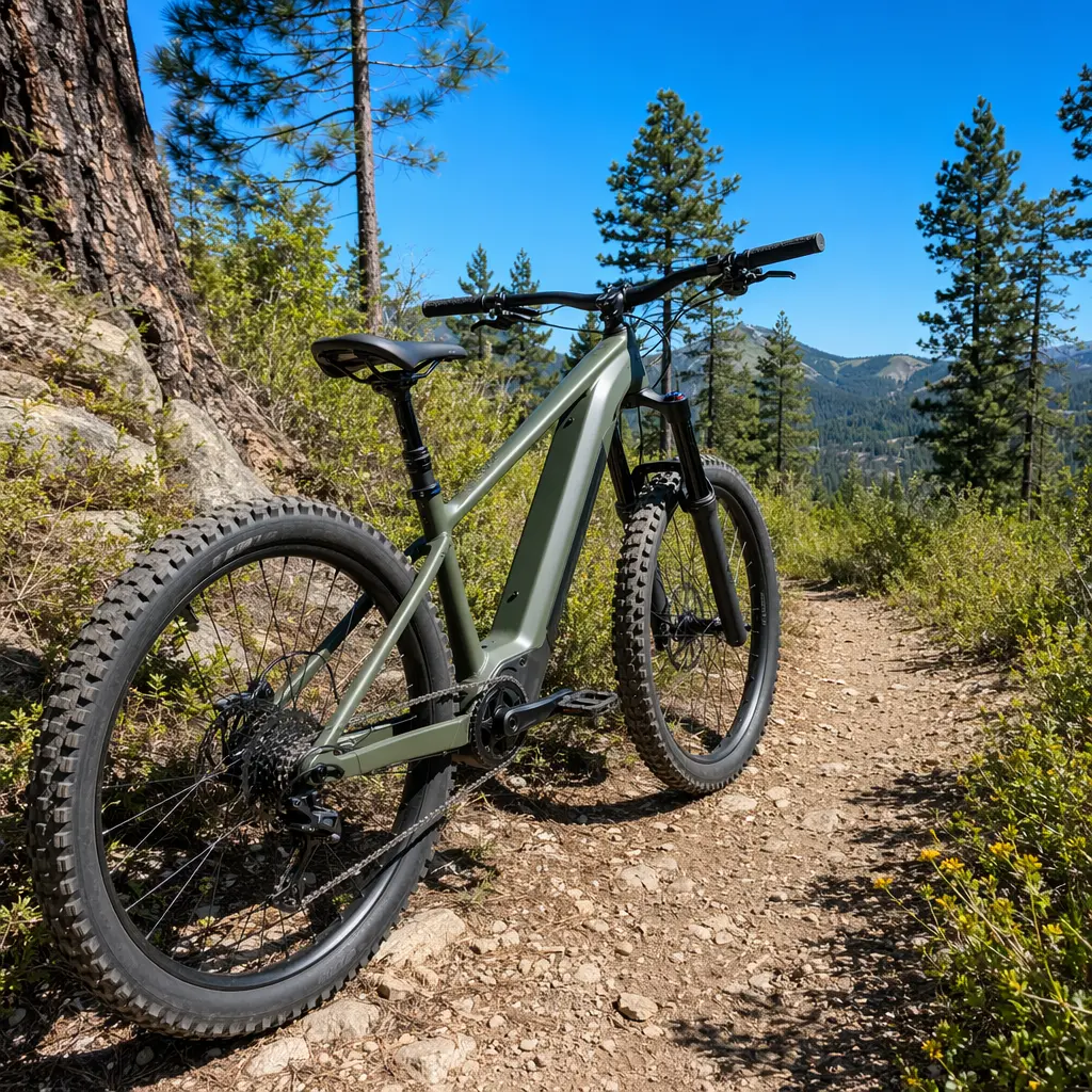 A hardtail electric mountain bike resting on a forest trail under a bright blue sky.