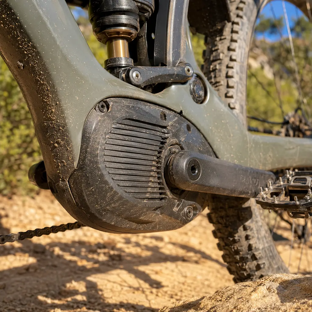 Close-up of an electric mountain bike motor and crank area in bright daylight.