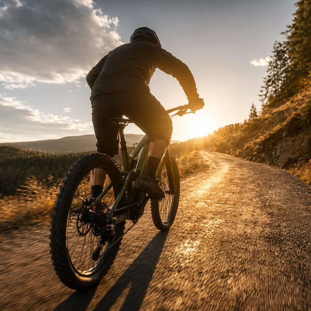 An electric mountain bike climbing a trail centre hill at golden hour with a rider silhouetted from behind.
