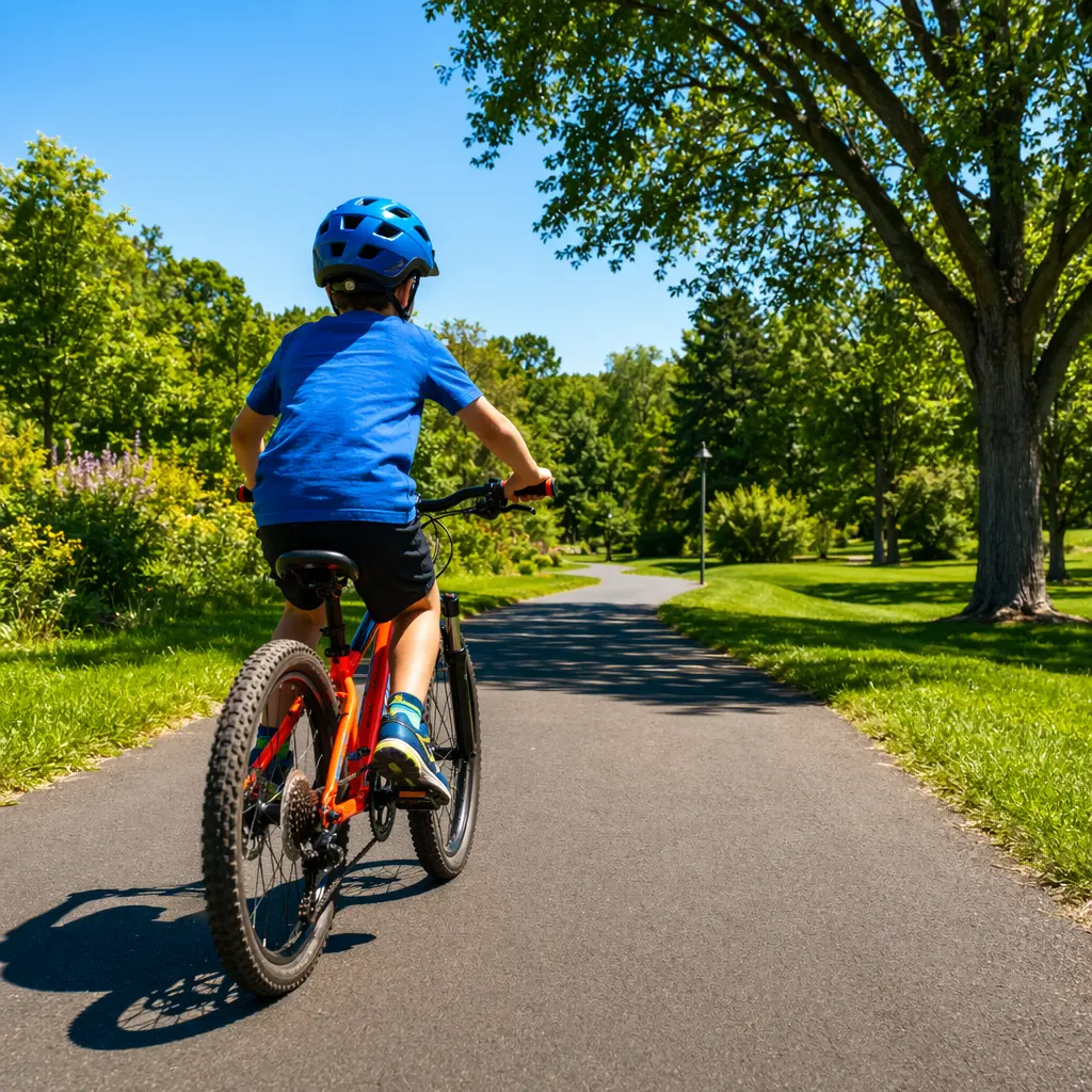 A child riding a tough, lightweight kids bike along a sunny park path