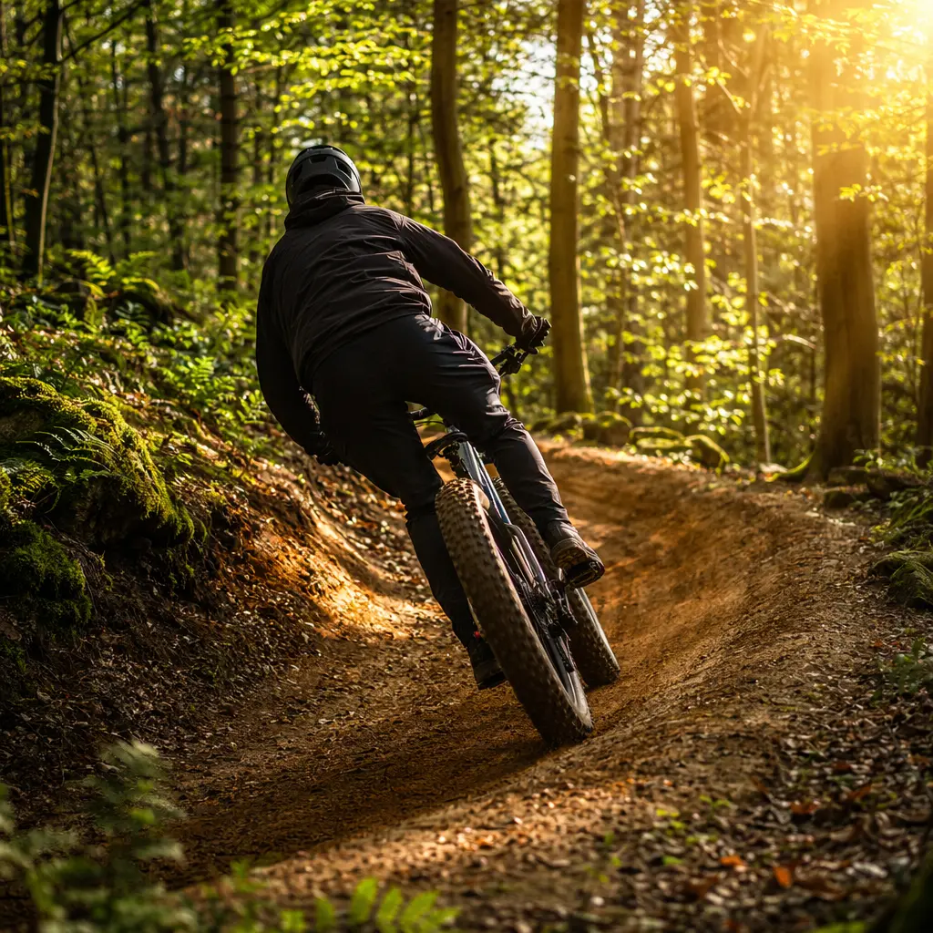 A wide-tyred hardtail mountain bike carving a woodland trail in warm morning light