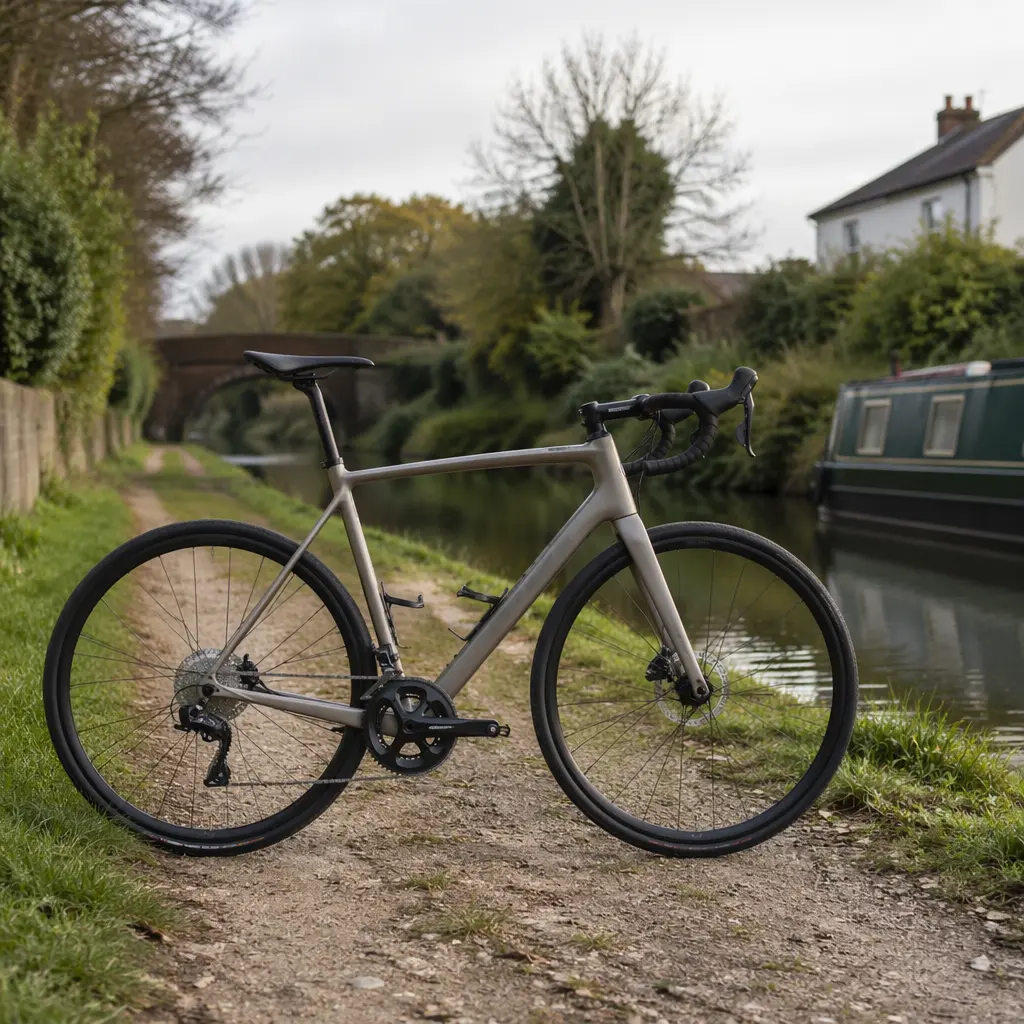 Endurance-style road bike with drop bars beside a UK canal towpath