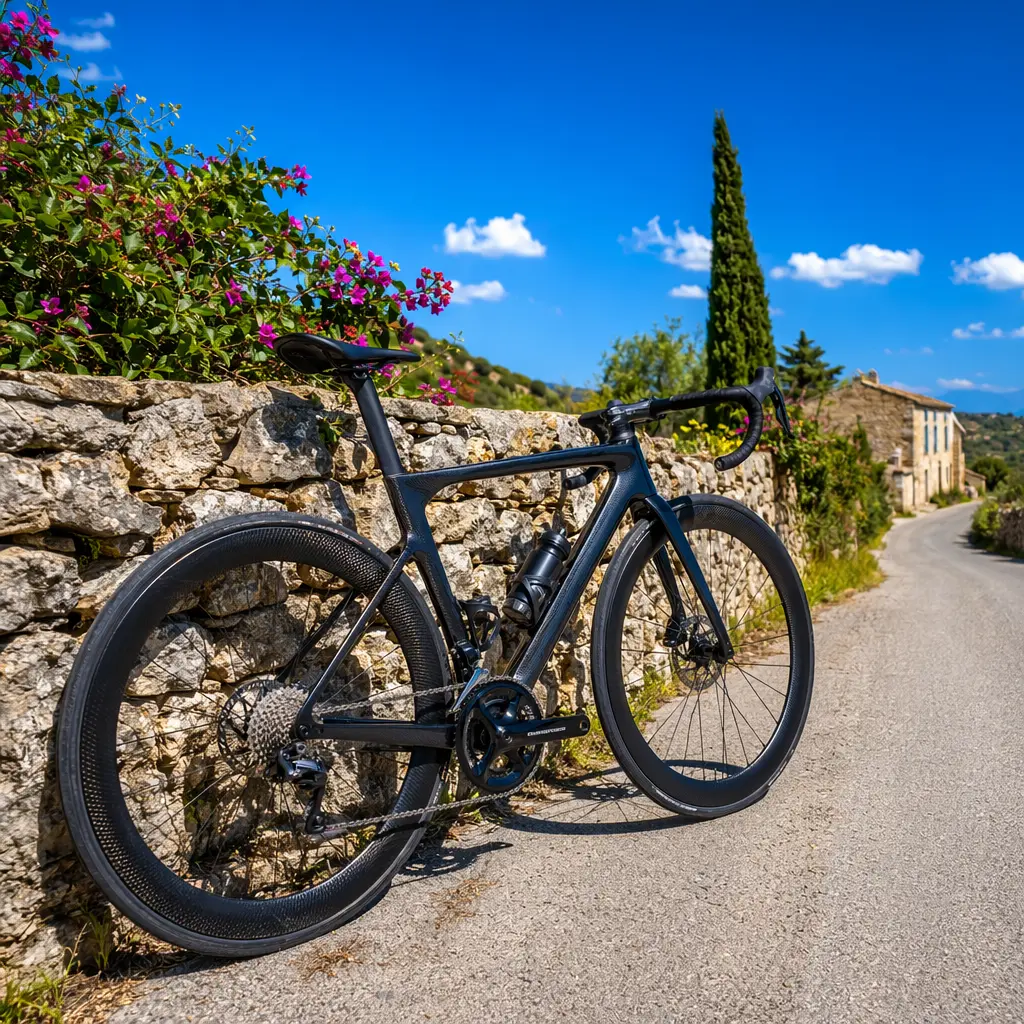 Modern carbon road bike in bright summer light on a quiet UK country lane