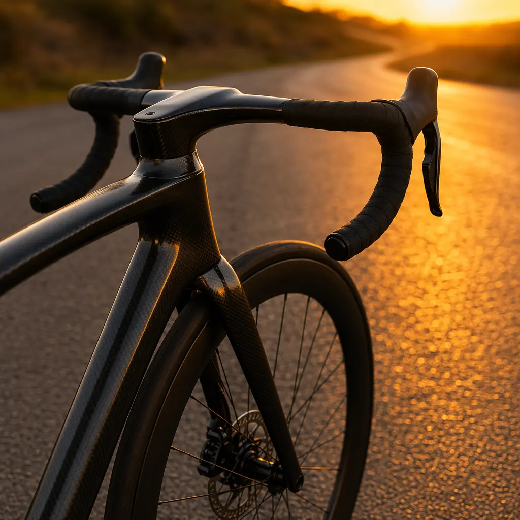 Close-up of a modern road bike cockpit and front wheel in warm evening light