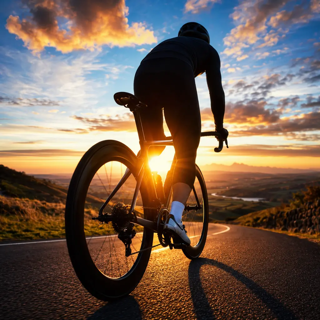 Silhouetted rider on a modern performance road bike at sunset, emphasising speed and clean lines