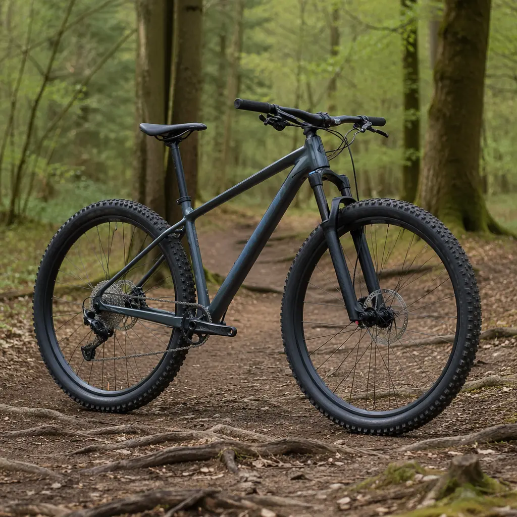 A modern hardtail mountain bike paused on a wooded UK trail