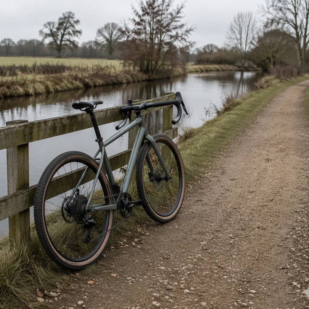 A modern gravel bike with drop bars and wide tyres parked beside a UK canal towpath