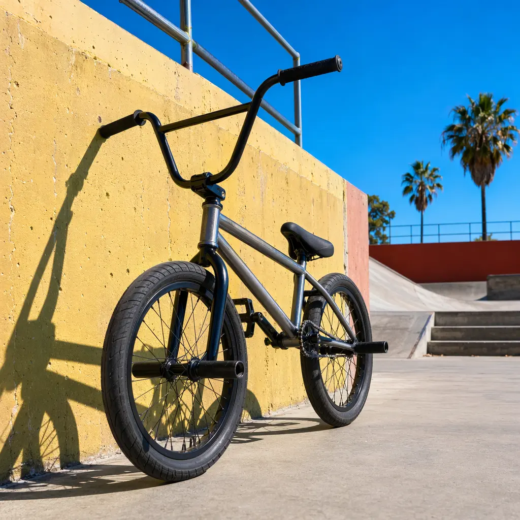 A BMX bike resting in a skatepark under a bright blue summer sky.