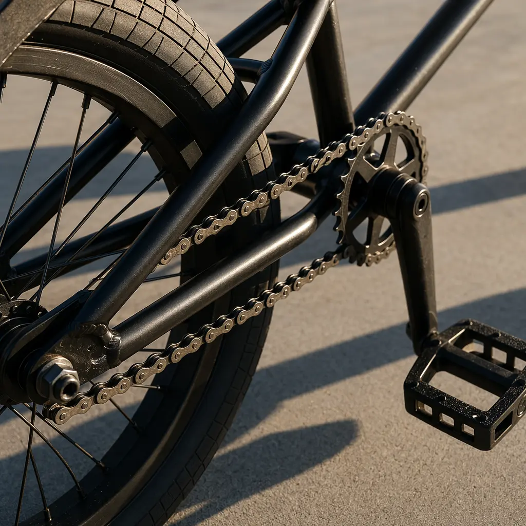 Close-up of a BMX bike’s drivetrain and rear wheel in warm morning sunlight.