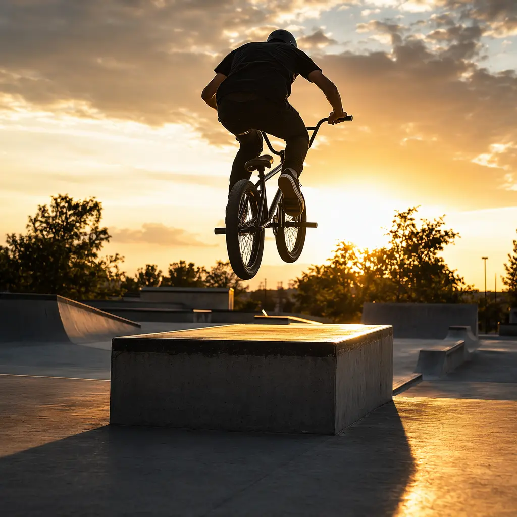 A BMX bike being ridden in a skatepark at golden hour, silhouetted rider jumping a concrete feature.